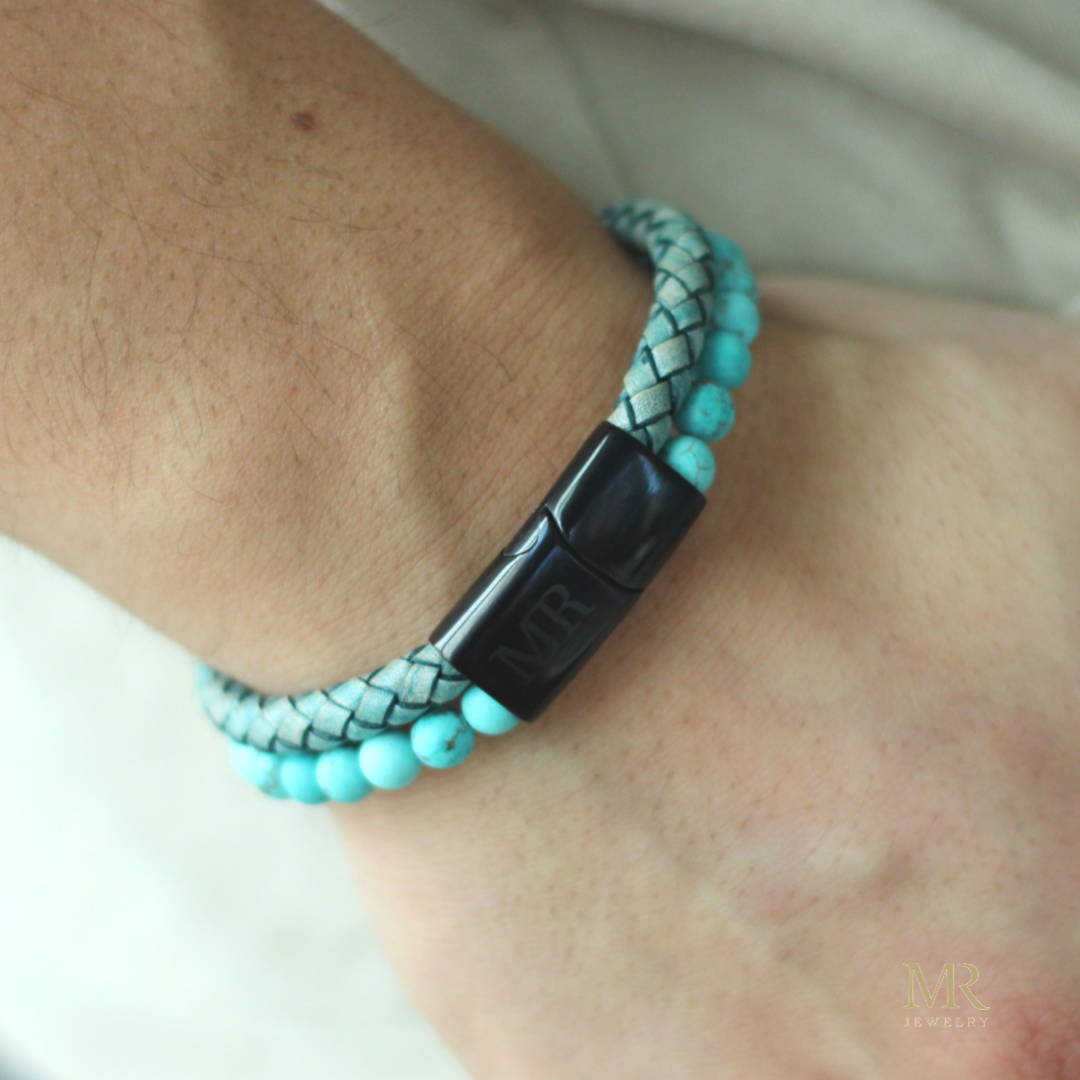 MijnRoots natuursteen leren armband met blauwe tijgeroog kralen - RVS Sluiting