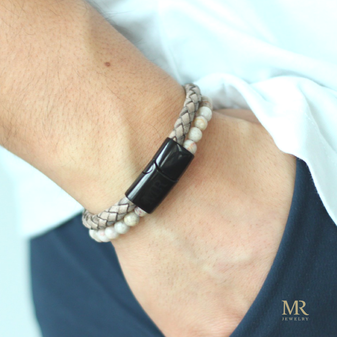 MijnRoots natuursteen leren armband met witte tijgeroog kralen - RVS Sluiting