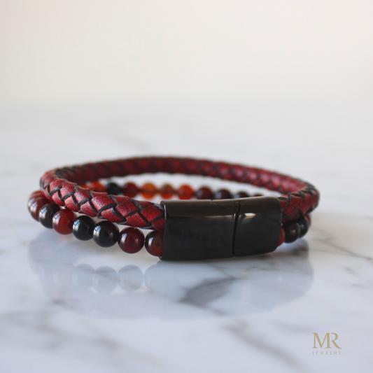 MijnRoots natuursteen rood leren armband met donkere tijgeroog kralen - RVS Sluiting